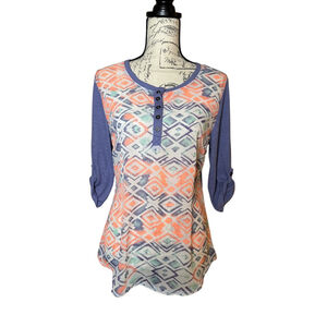 Bit & Bridle Size Medium Sheet Geometric Lightweight Henley Shirt 3/4 Sleeves